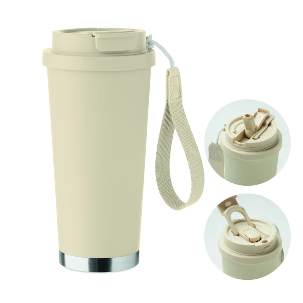 Beżowy kubek termiczny 500 ml Topaz ze słomką i logo