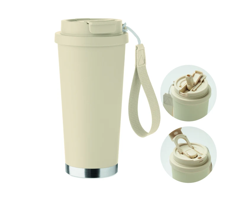 Beżowy kubek termiczny 500 ml Topaz ze słomką i logo