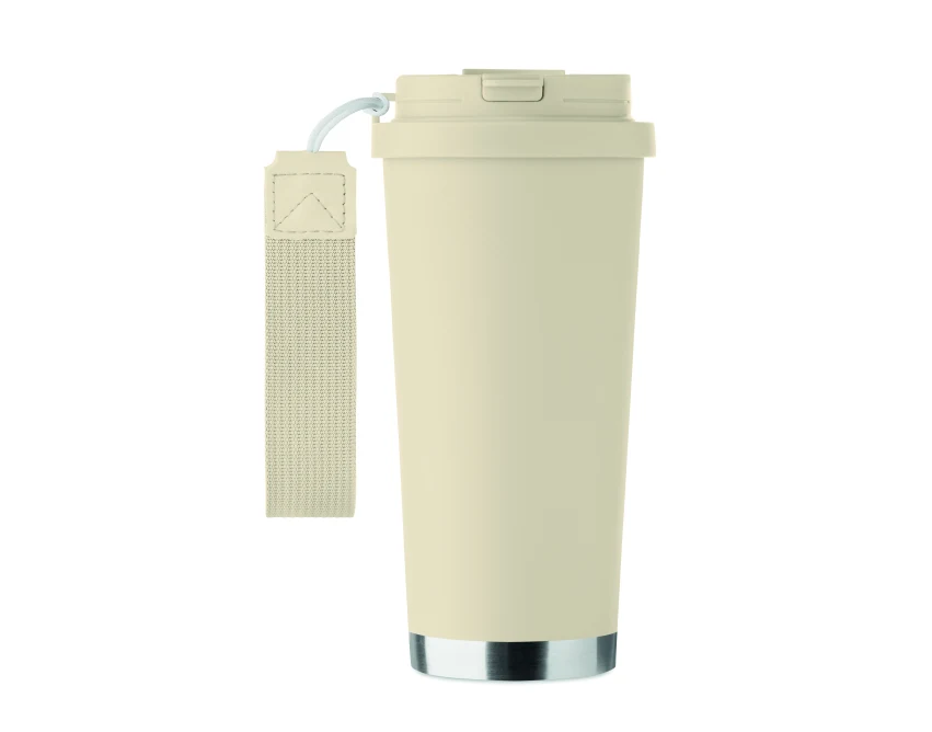 Beżowy kubek termiczny 500 ml Topaz ze słomką i logo