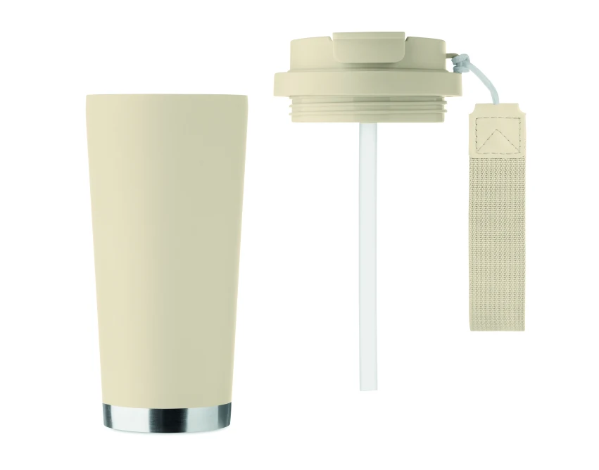 Beżowy kubek termiczny 500 ml Topaz ze słomką i logo