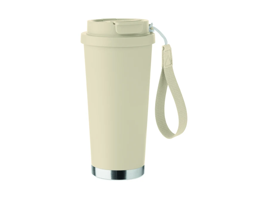 Beżowy kubek termiczny 500 ml Topaz ze słomką i logo