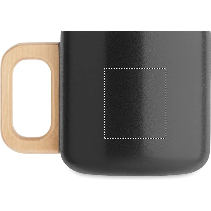 Schemat znakowania dla Tampondruk - P6 na gadżecie: Czarny kubek metalowy 350 ml z drewnianym uchwytem z logo