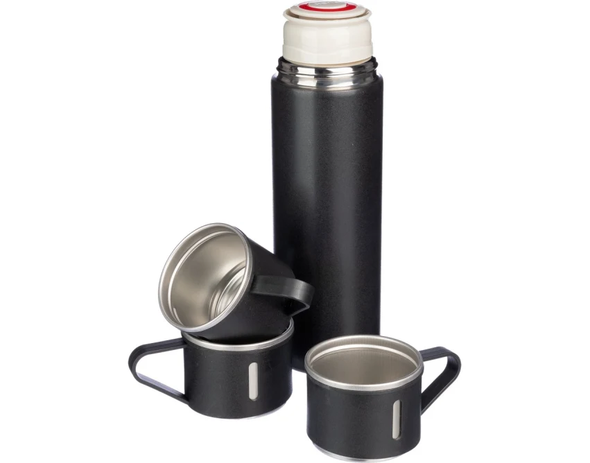 Czarny termos 420 ml z logo + 3 kubki – zestaw biznesowy