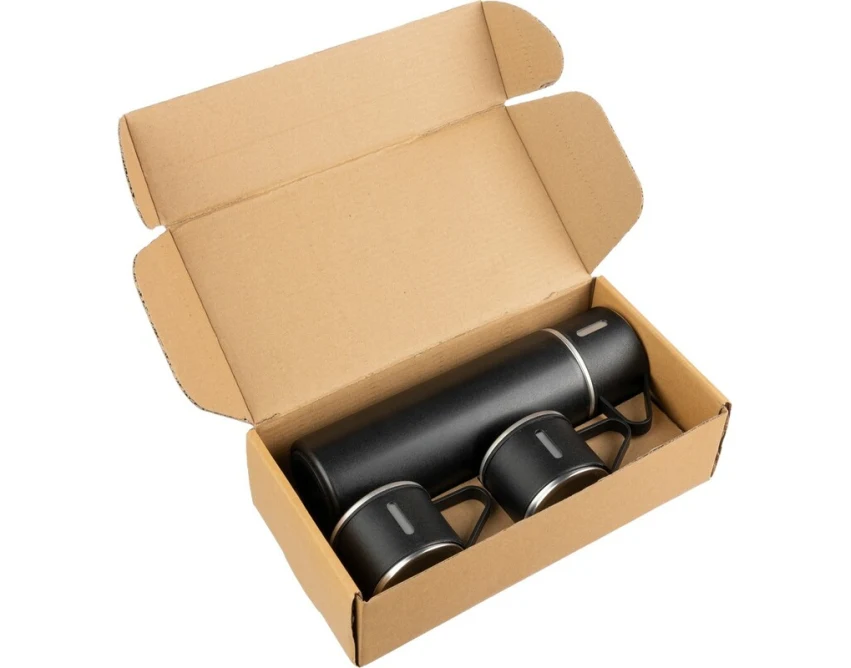 Czarny termos 420 ml z logo + 3 kubki – zestaw biznesowy