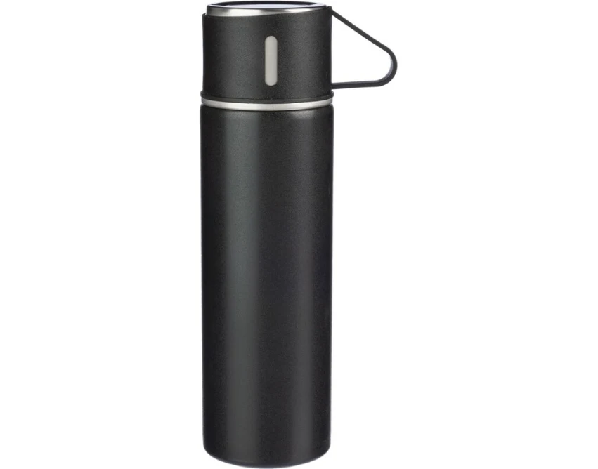 Czarny termos 420 ml z logo + 3 kubki – zestaw biznesowy