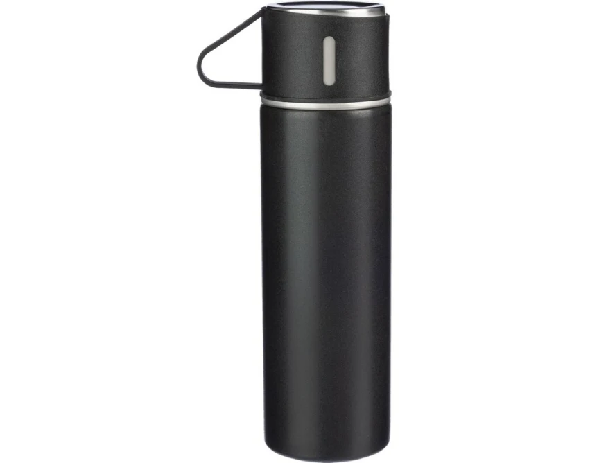 Czarny termos 420 ml z logo + 3 kubki – zestaw biznesowy