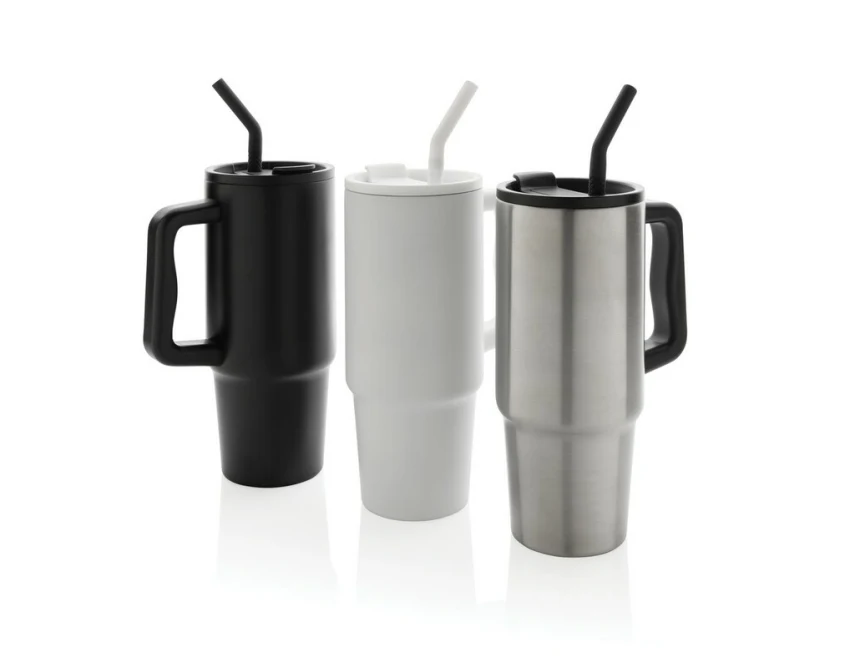 Srebrny kubek termiczny 900 ml ze słomką, z recyklingu