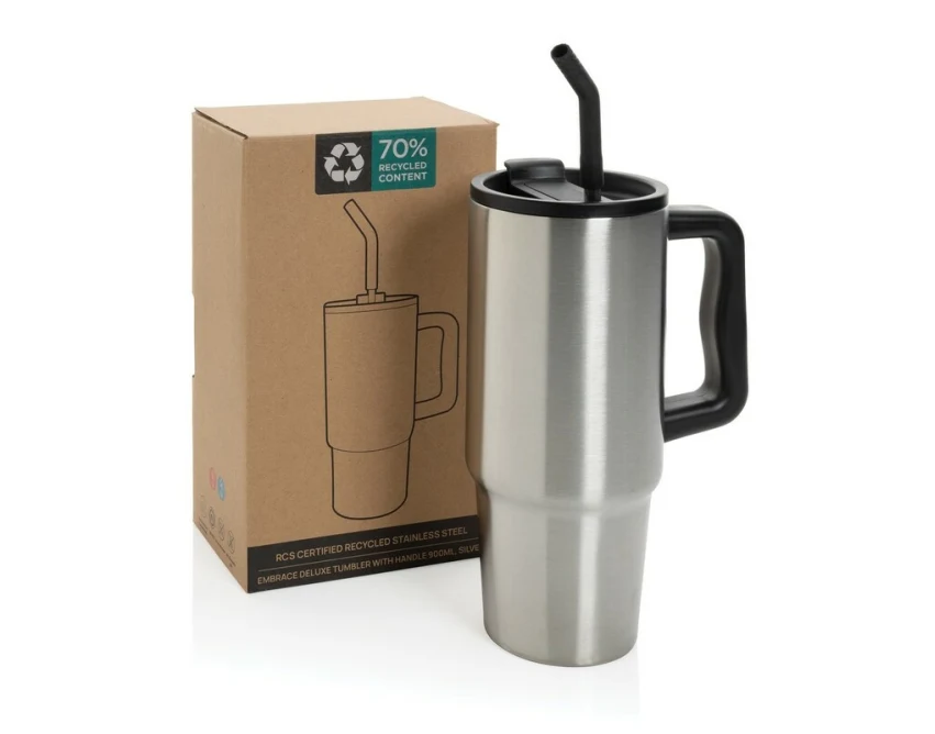Srebrny kubek termiczny 900 ml ze słomką, z recyklingu
