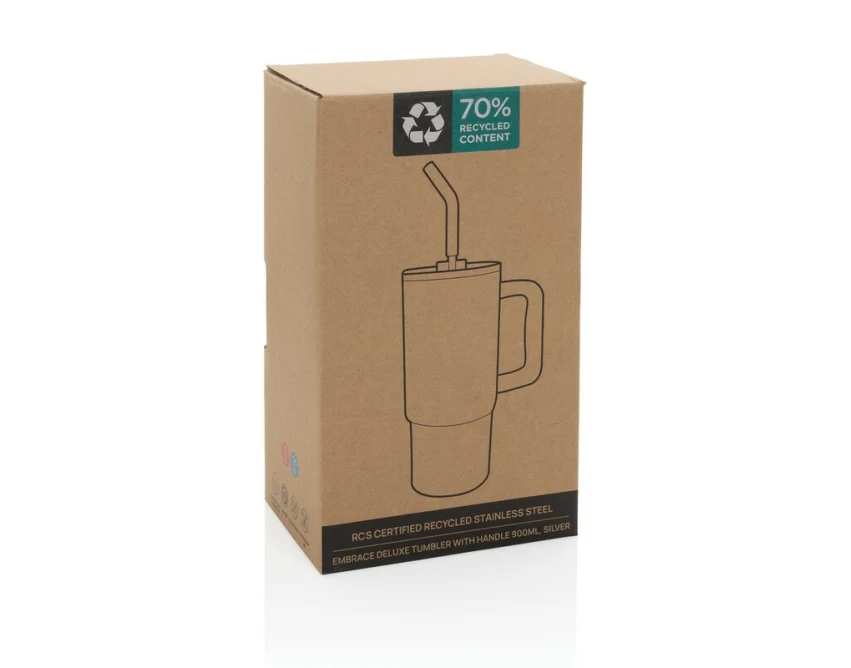 Srebrny kubek termiczny 900 ml ze słomką, z recyklingu