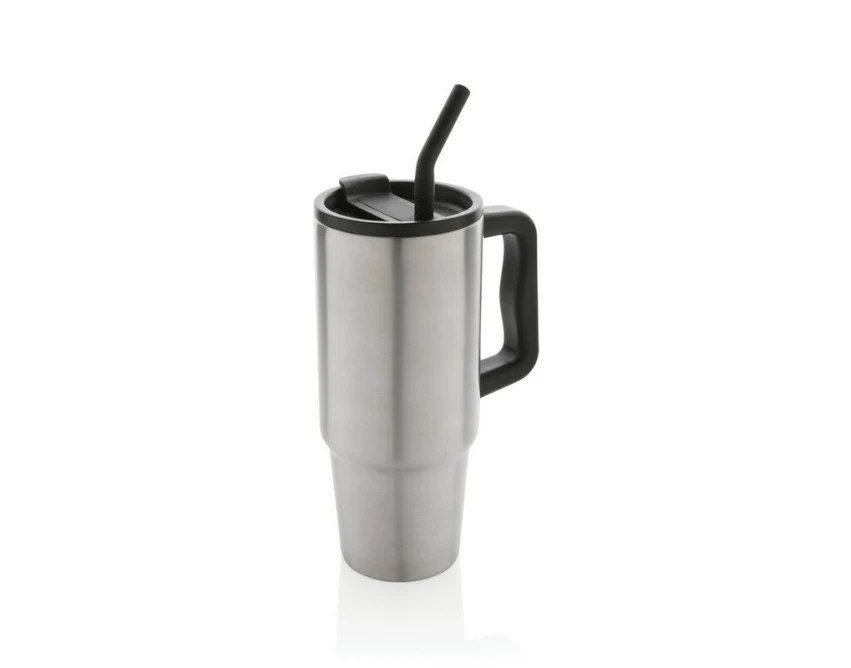 Srebrny kubek termiczny 900 ml ze słomką, z recyklingu