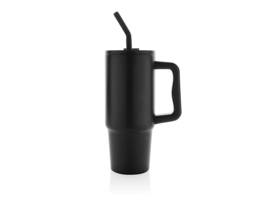 Czarny kubek termiczny 900 ml ze słomką i logo firmy
