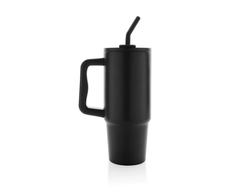 Czarny kubek termiczny 900 ml ze słomką i logo firmy