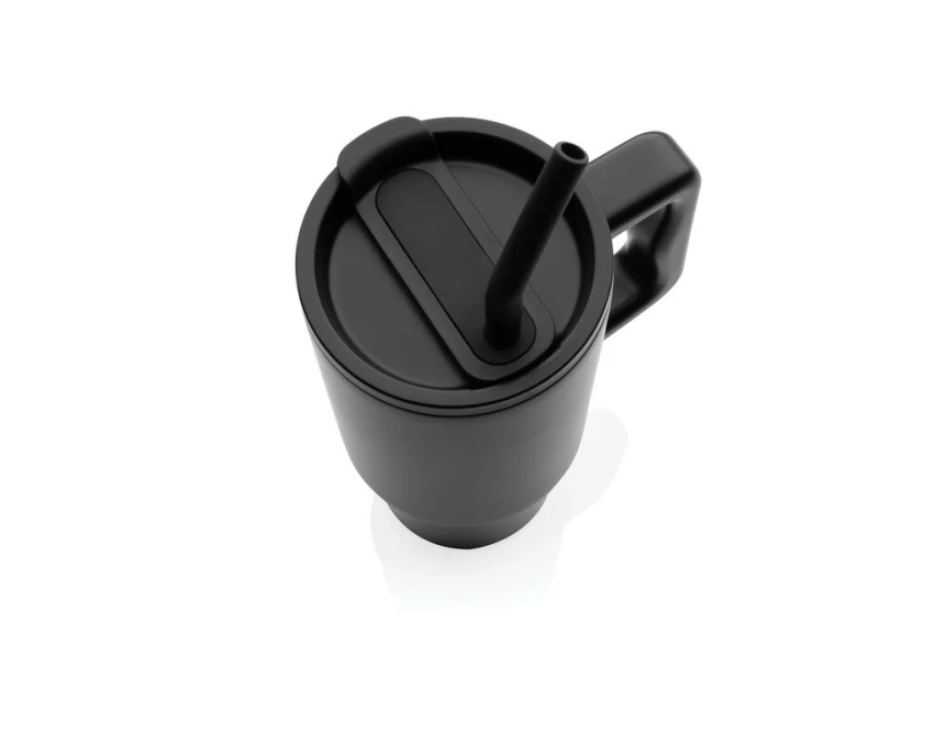 Czarny kubek termiczny 900 ml ze słomką i logo firmy