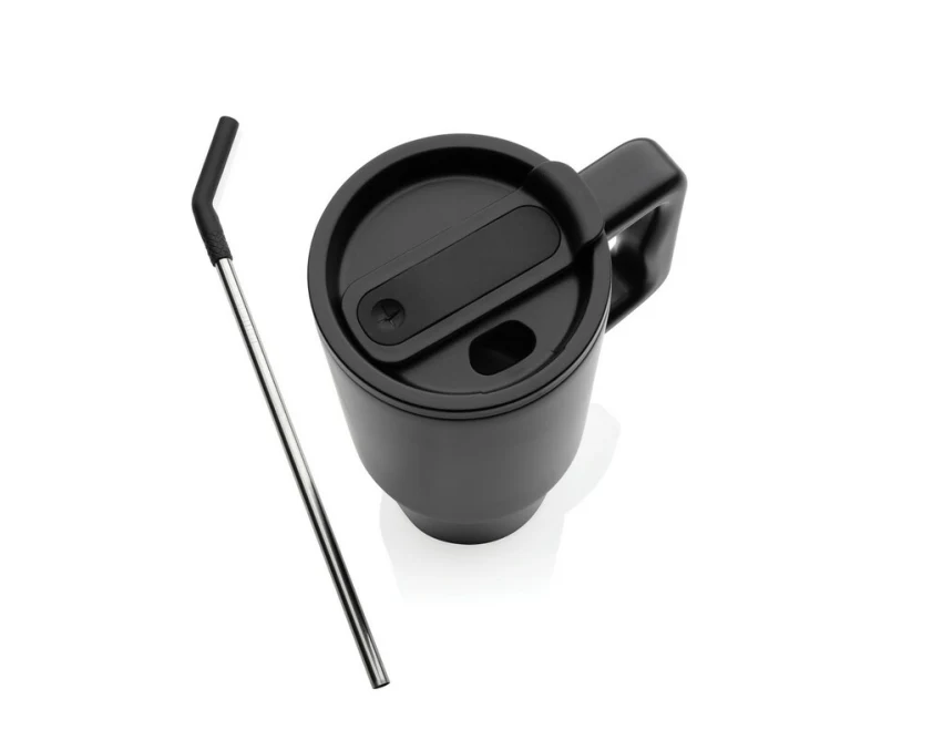 Czarny kubek termiczny 900 ml ze słomką i logo firmy