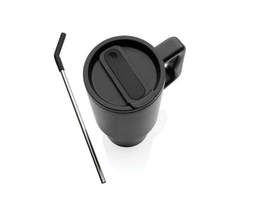 Czarny kubek termiczny 900 ml ze słomką i logo firmy
