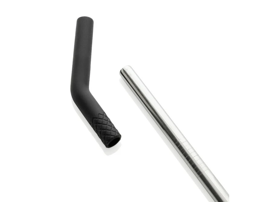 Czarny kubek termiczny 900 ml ze słomką i logo firmy