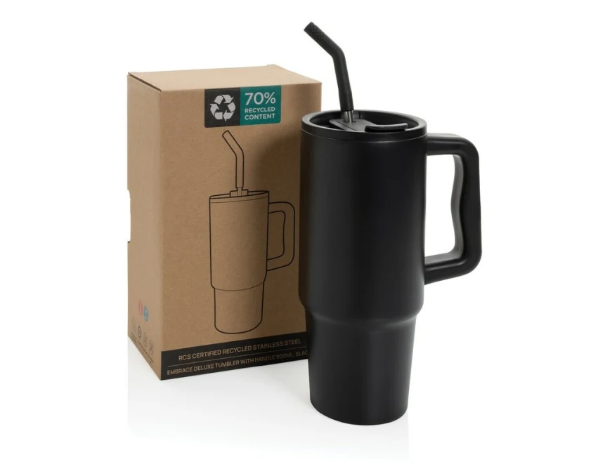 Czarny kubek termiczny 900 ml ze słomką i logo firmy