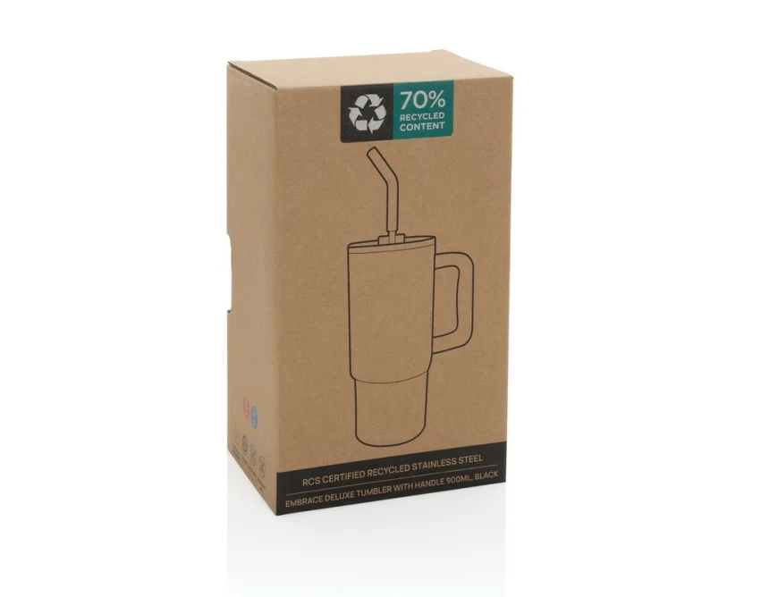 Czarny kubek termiczny 900 ml ze słomką i logo firmy