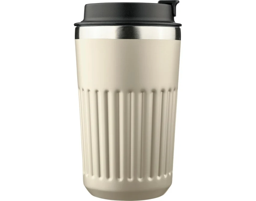 Beżowy kubek termiczny 400 ml z logo – stal, mat, grawer