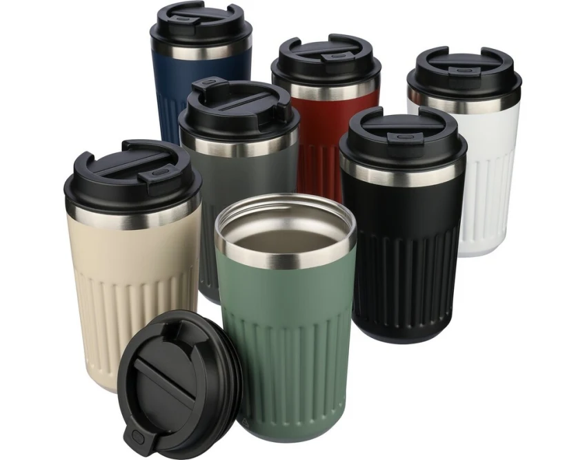 Beżowy kubek termiczny 400 ml z logo – stal, mat, grawer