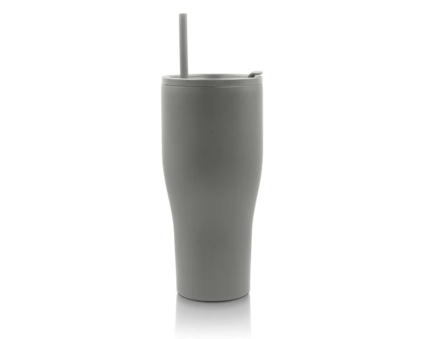 Szary kubek termiczny 880 ml VINGA z uchwytem i słomką