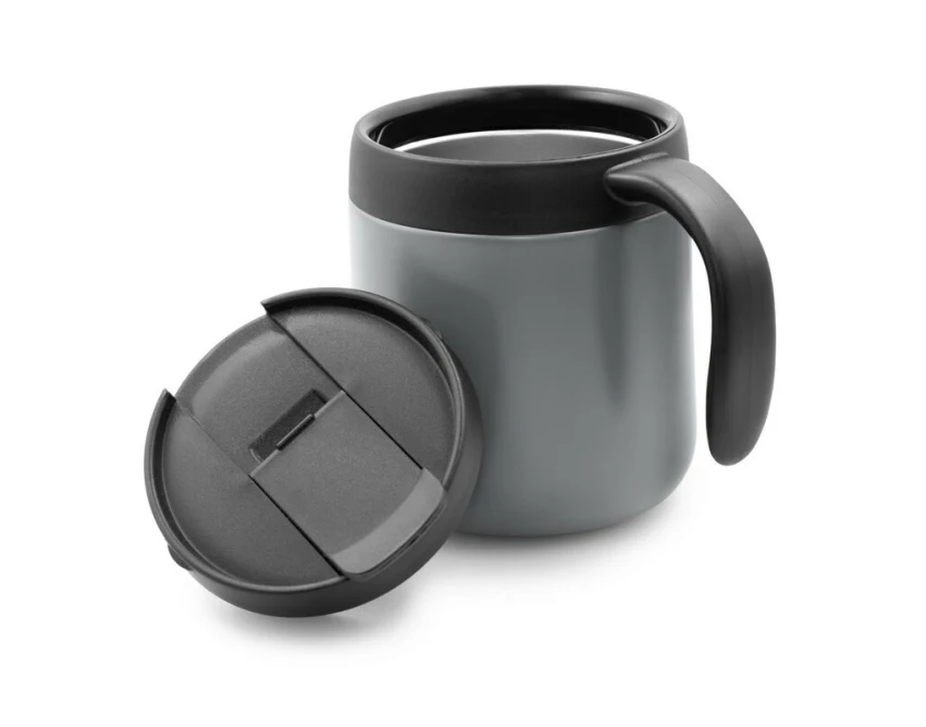 Szary kubek termiczny 400 ml z logo, stal nierdzewna, mat