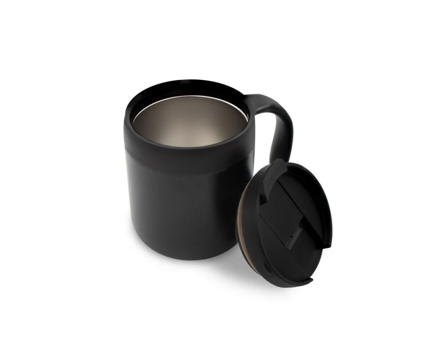 Czarny kubek termiczny Wyatt 400 ml z uchem i logo