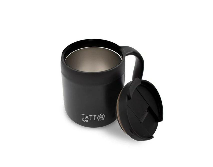 Czarny kubek termiczny Wyatt 400 ml z uchem i logo