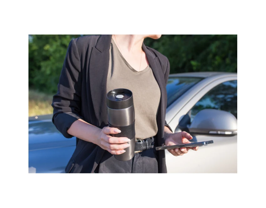 Szary kubek termiczny 350 ml z logo firmy, leakproof