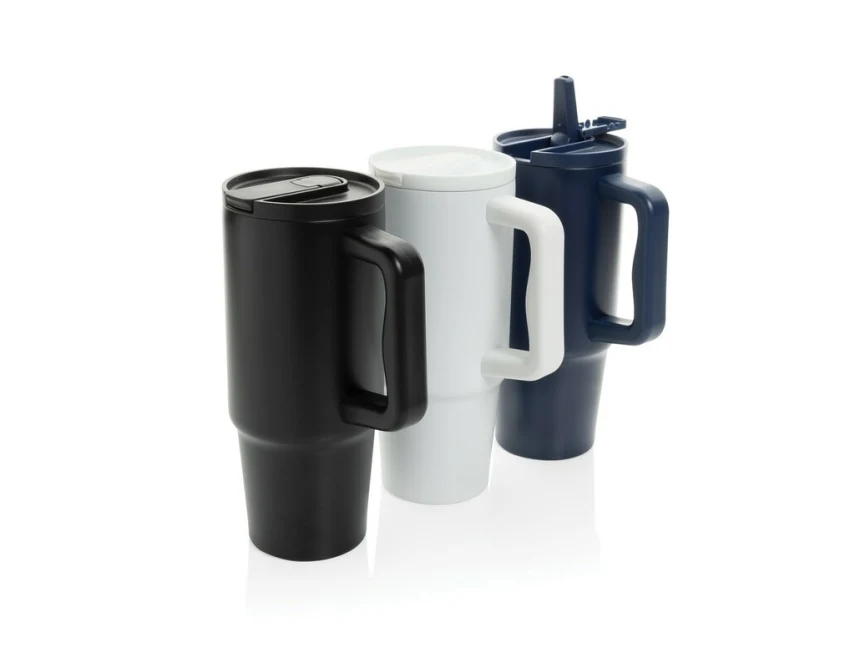 Biały kubek termiczny 900 ml ze słomką i logo firmy