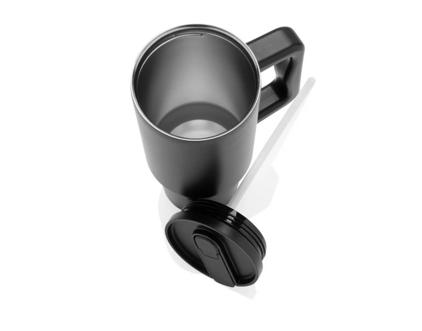 Czarny kubek termiczny 900 ml ze słomką i uchwytem z logo
