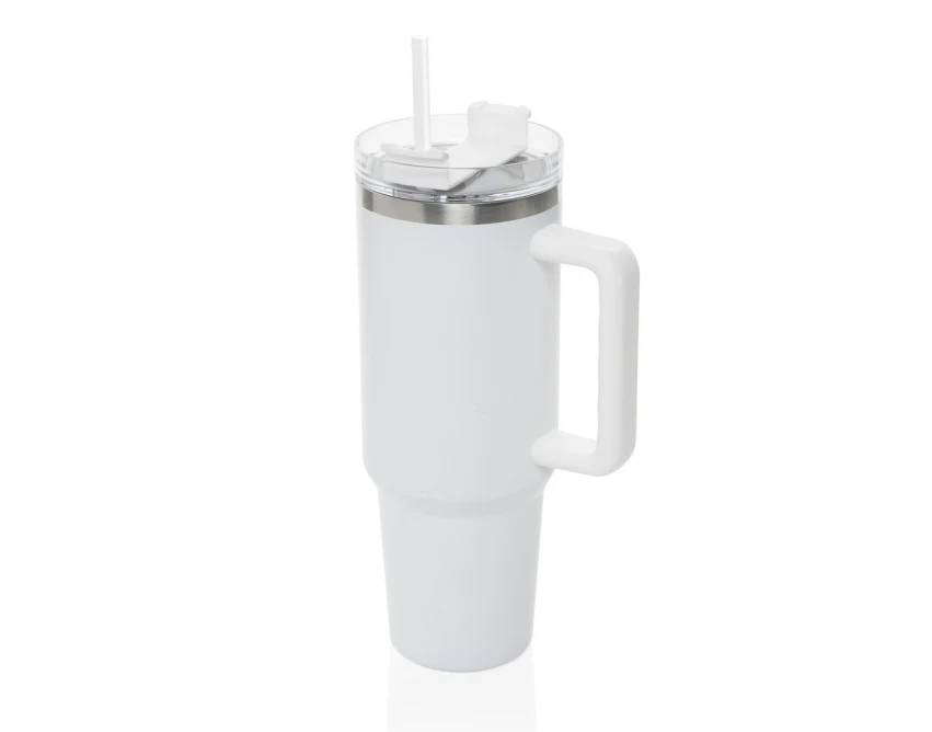 Biały kubek termiczny 1200 ml Stadley ze słomką i uchwytem