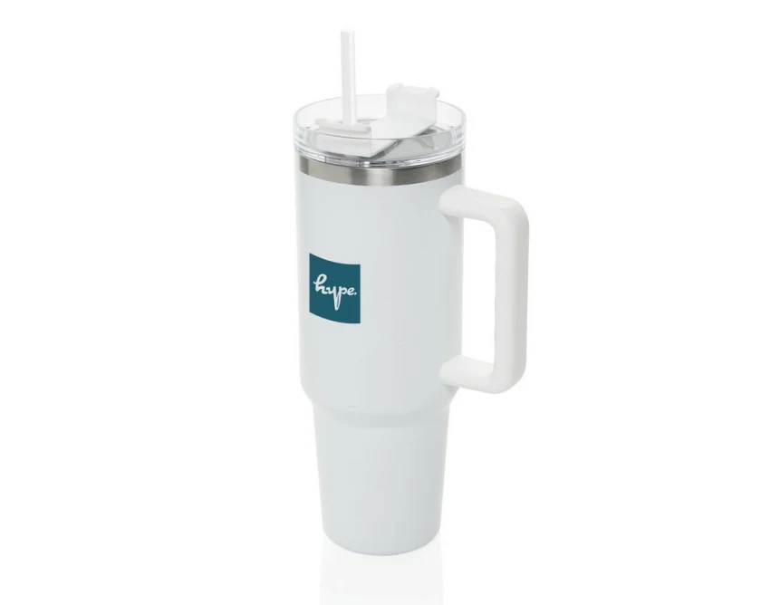 Biały kubek termiczny 1200 ml Stadley ze słomką i uchwytem