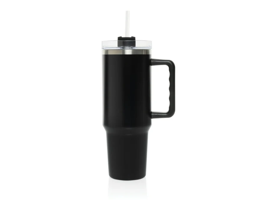 Czarny kubek termiczny 1200 ml ze słomką i uchwytem z logo