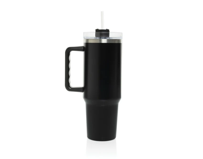 Czarny kubek termiczny 1200 ml ze słomką i uchwytem z logo