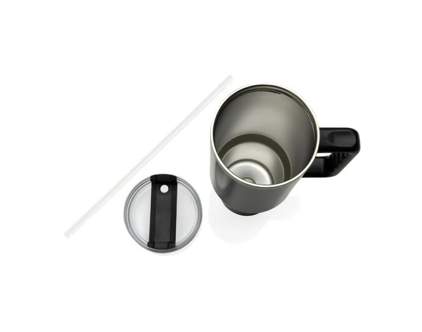 Czarny kubek termiczny 1200 ml ze słomką i uchwytem z logo