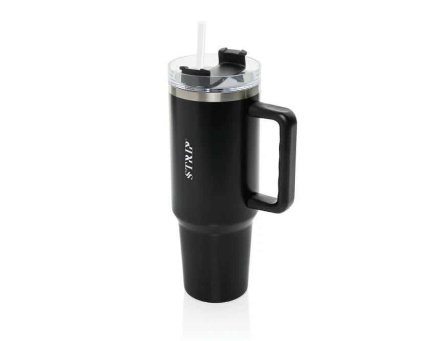 Czarny kubek termiczny 1200 ml ze słomką i uchwytem z logo