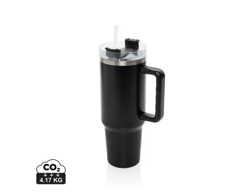 Czarny kubek termiczny 1200 ml ze słomką i uchwytem z logo