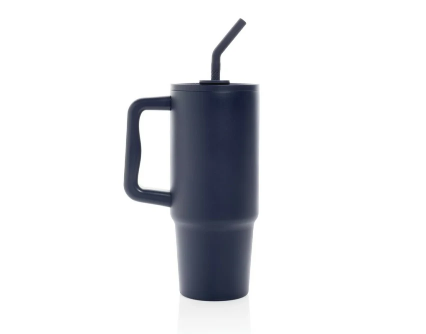 Granatowy kubek termiczny 900 ml ze słomką i uchwytem