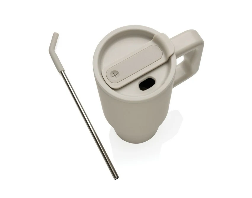 Beżowy kubek termiczny 900 ml ze słomką i logo eco