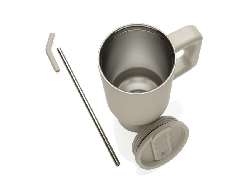 Beżowy kubek termiczny 900 ml ze słomką i logo eco