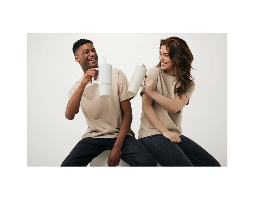 Beżowy kubek termiczny 900 ml ze słomką i logo eco