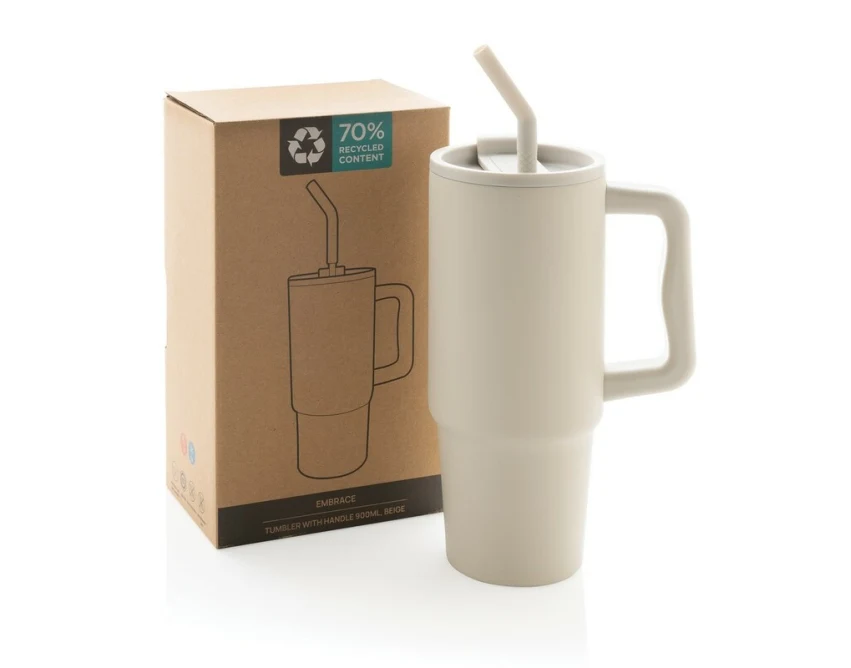 Beżowy kubek termiczny 900 ml ze słomką i logo eco