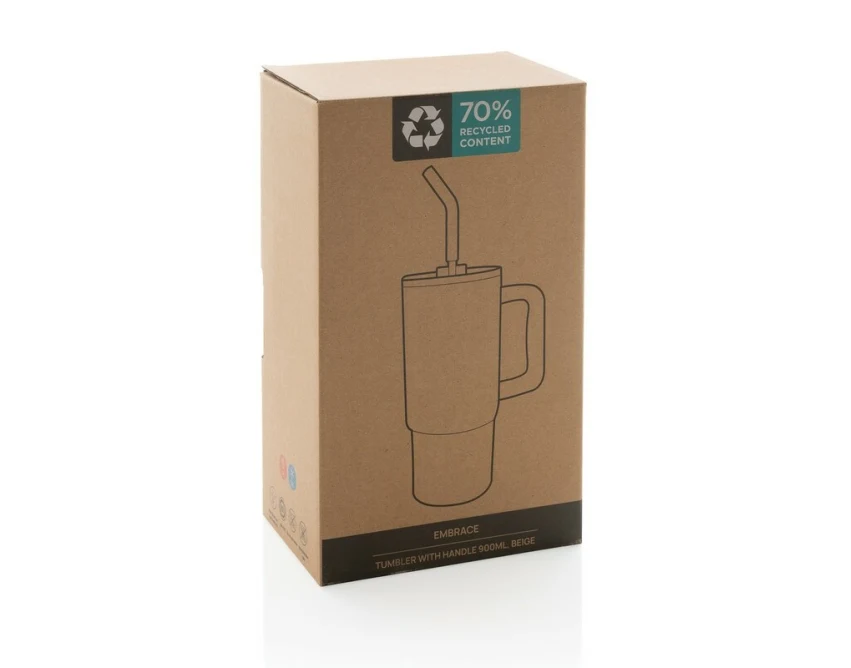 Beżowy kubek termiczny 900 ml ze słomką i logo eco