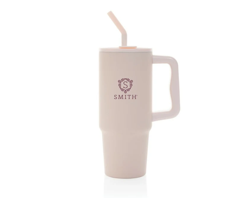 Różowy kubek termiczny 900 ml ze słomką i uchwytem z logo