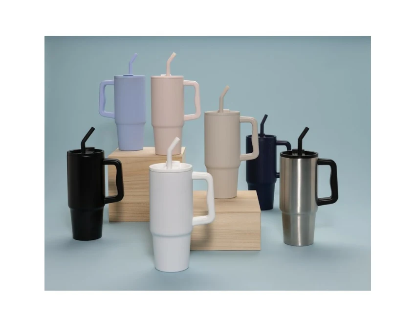 Różowy kubek termiczny 900 ml ze słomką i uchwytem z logo