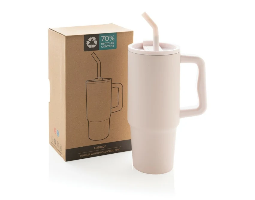 Różowy kubek termiczny 900 ml ze słomką i uchwytem z logo