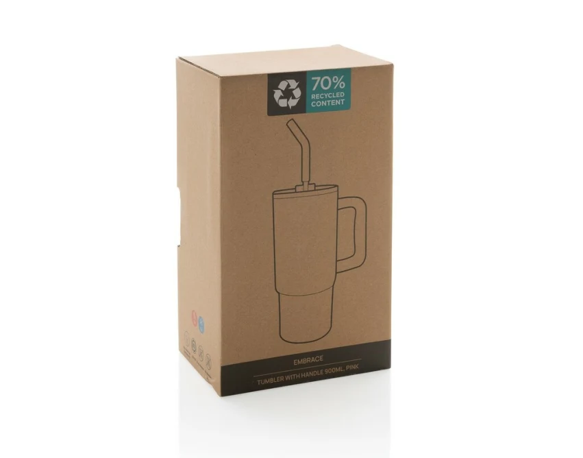 Różowy kubek termiczny 900 ml ze słomką i uchwytem z logo