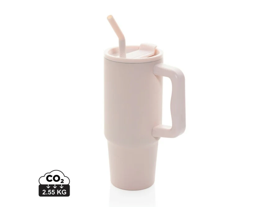 Różowy kubek termiczny 900 ml ze słomką i uchwytem z logo