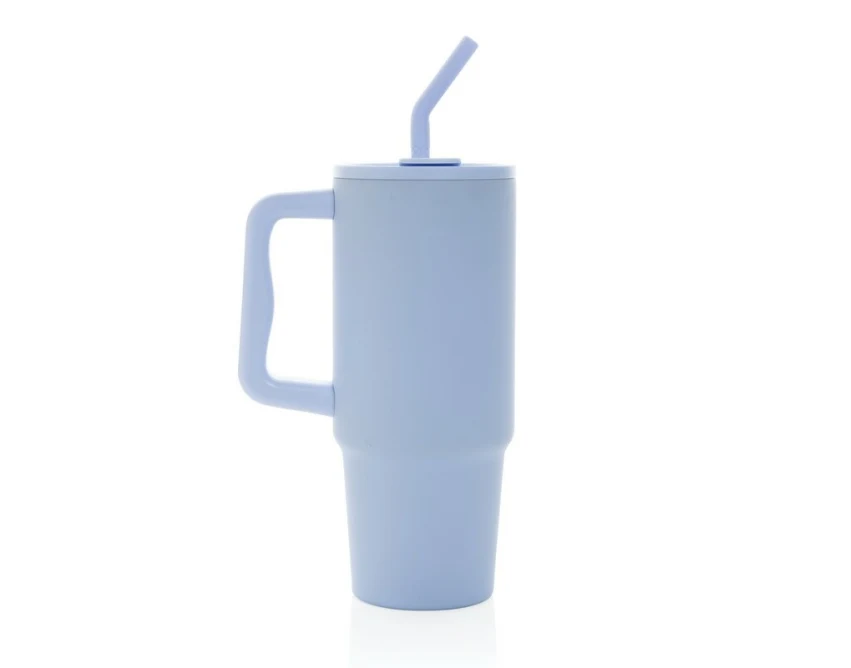Błękitny kubek termiczny 900 ml z logo, słomką i uchwytem